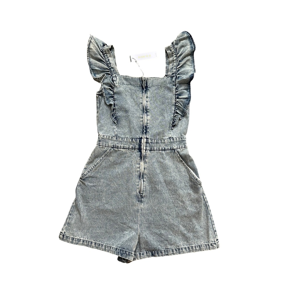 Boho Gilli Ruffle Strap Denim Romper Size S Light Wash Acid Zip Front Pocket